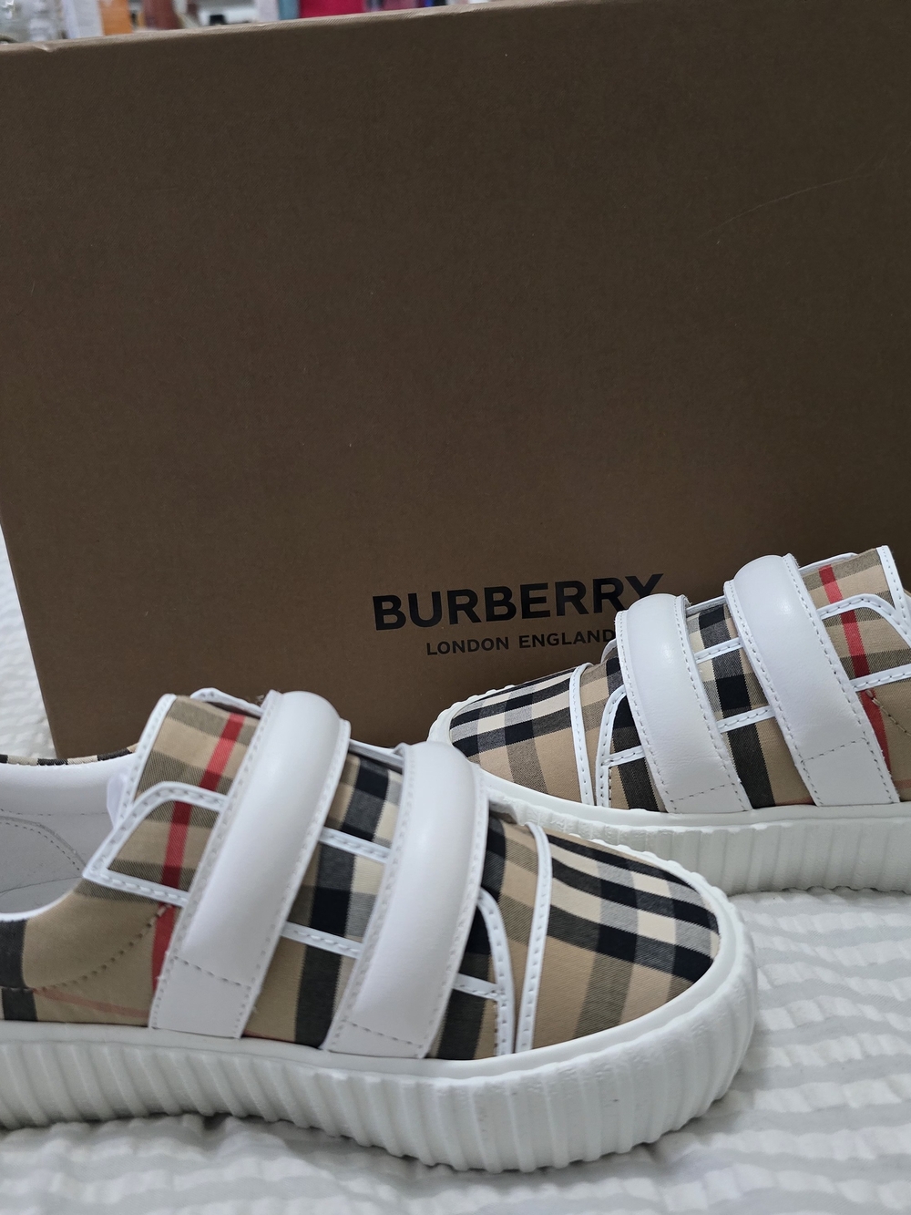 Burberry Beige, Black & White Check Velcro Kids Sneakers